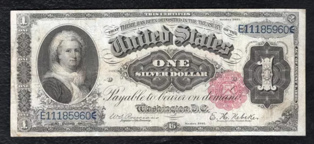 Fr. 222 1891 $1 One Dollar “Martha” Silver Certificate Currency Note Very Fine+