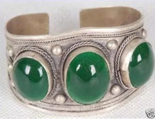 Exquisite Carved Tribal Green JADE Women Men Tibet Silver Bangles Cuff Bracelets