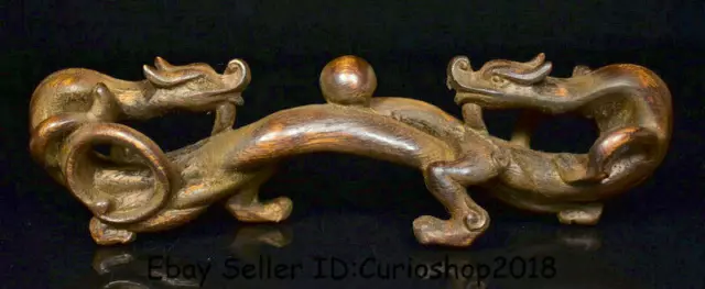 6.8" Old China Huanghuali Wood Hand Carved 2 Dragon Play Bead penholder pen rack