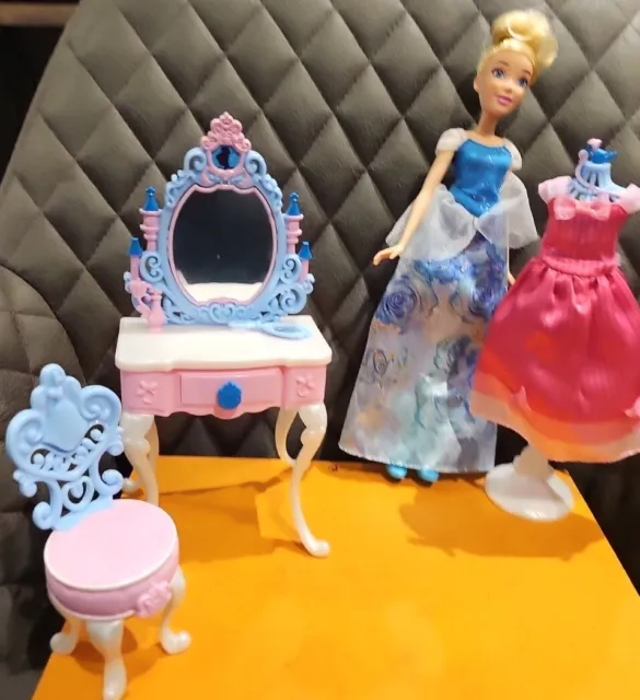 Disney Princess Cinderella Royal Shimmer Fashion Doll, Dressing Table Set Bundle