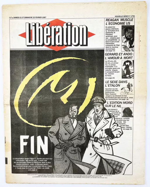 Blake et Mortimer - Journal Libération 21-22 Février 1987 Hommage à Edgar P. Jac