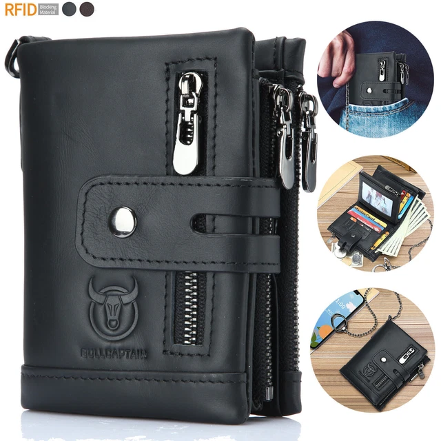Mens Chain Wallet Genuine Leather RFID Biker Trucker Zip Bifold with Coin Pocket