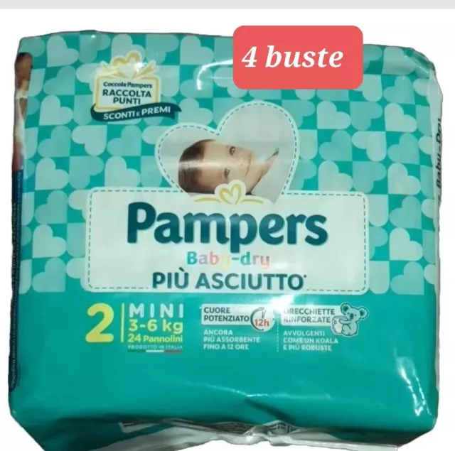 4 Pacchi PAMPERS PANNOLINI BABY DRY Tg 2 MINI 3-6 KG 24 PZ Totale 96 Pezzi