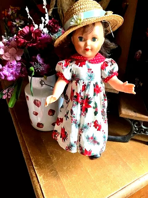 Ancienne poupée chiffon musicale robe beige fleurs avec oie DOLMAX