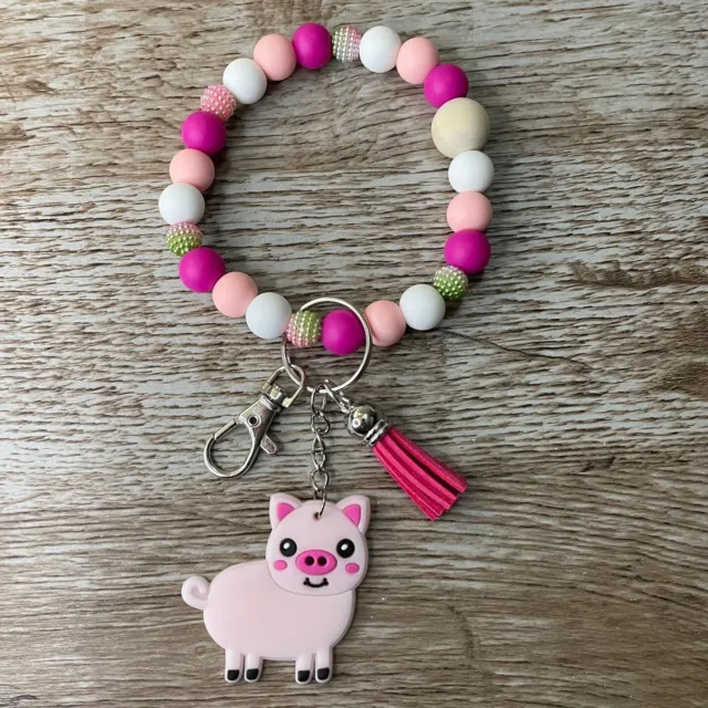 Wristlet Keychain Silicone Beaded Handmade Bracelet Pig Pink Gift Custom Key