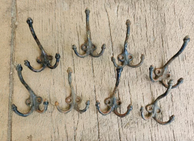 6 BLACK ANTIQUE TRIPLE THREE COAT HOOK CAST IRON RUSTIC WALL Cast Iron Old