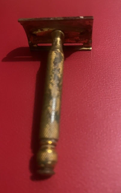 Vintage Gold Brass Tone Gillette Open Comb 3-Piece Fat Handle  Safety Razor