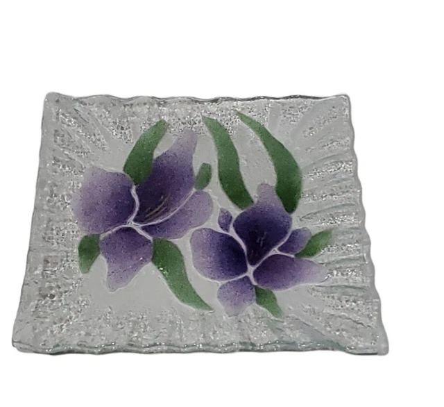 Sydenstricker Iris Fused Art Glass Plate Square Tray Signed Purple 9 Inch MCM
