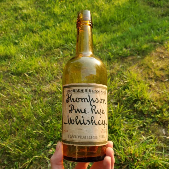 Antique Labeled Baltimore Honey Amber Whiskey Bottle Charles H Ross