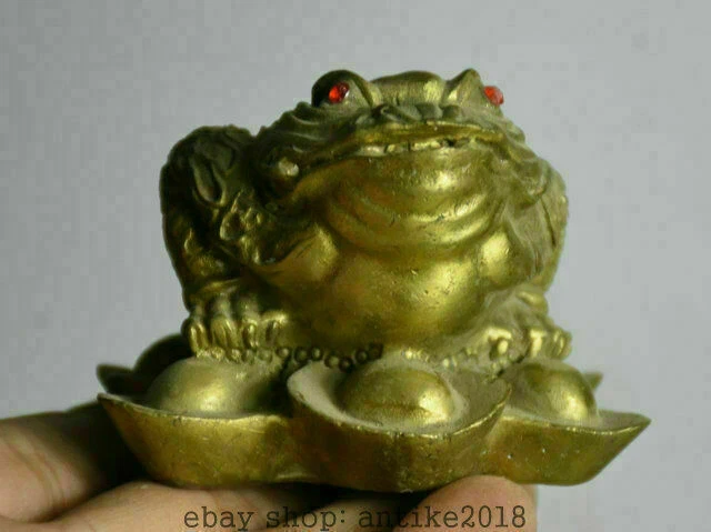 3.2" Old China Copper Brass Folk Feng Shui Golden Toad Spittor Wealth Statue