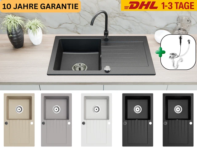 VBChome Granitspüle Mit Armatur – 77x44 Cm, Beige, Mit Abtropffläche & Siphon, Reversibel
