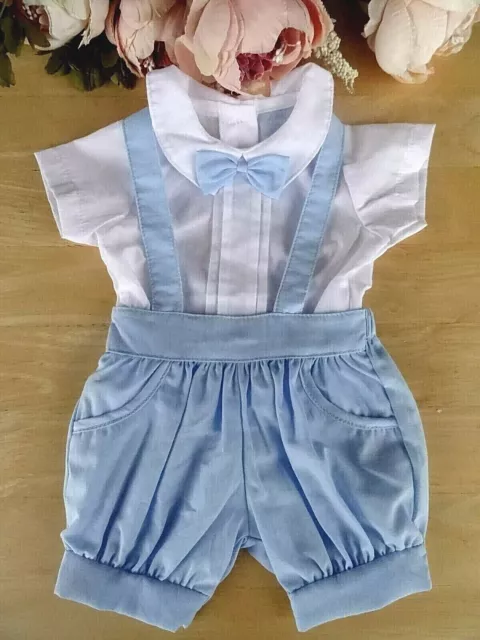 Baby Boy Blue Set Spanish Style Traditional 2 Pc Bowtie Shirt Dungaree 0 3 6 9m