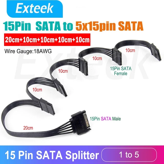 15-Pin SATA 1 Male To 5 Female Power Splitter Cable – 60cm, 18AWG, For HDD/SSD