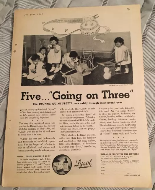 1936 DIONNE QUINTUPLETS for Lysol Ad - Vintage Magazine Ad