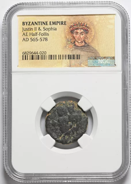 BYZANTINE. Justin II, with Sophia. 565-578. Æ Half Follis, NGC Certified