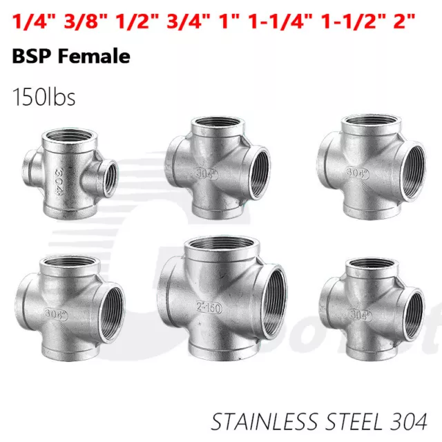 Stainless Steel Cross 4 Way Connector 1/4" - 2" BSP Female Thread Pipe Fittings