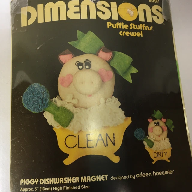 Dimensions Crewel Kit Cerdo Cerdo Vavavajillas Imán 1982 Puffie Stuffins # 6097