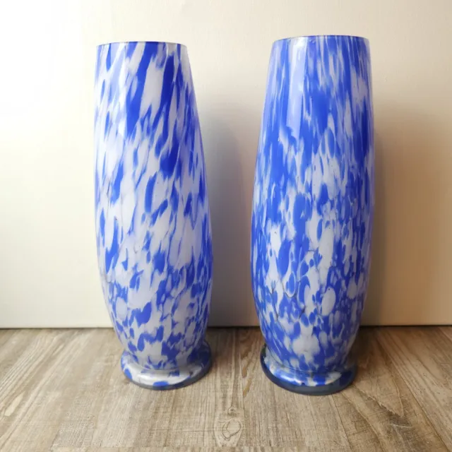 2x Böhmisch Tschechische Art Deco Glas Vase Um 1920 blau weiß Set