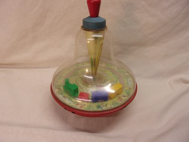 Vintage J. Chein Spinning Top Toy Rotating Train Tin Wood Plastic Good Condition