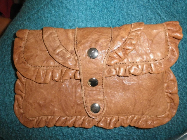 Ladies TREESJE Chestnut Brown Soft Leather Ruffle Clutch Purse Handbag