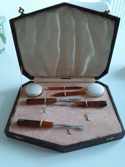 Vintage 1940s Bakelite Manicure set In Leather Look Original Box 9"x 7"