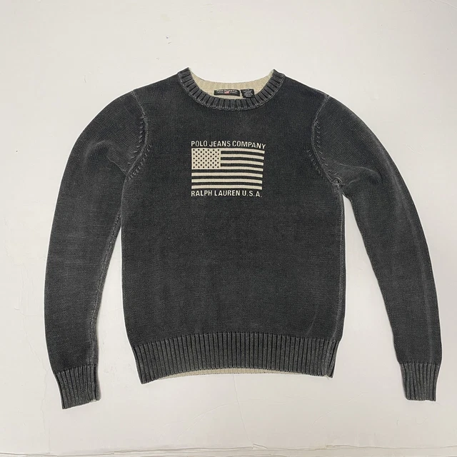 Vtg Ralph Lauren Boys Sweater L American Flag Crewneck Patriotic Gray Cotton