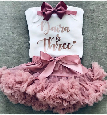Personalised Girls 3rd Birthday Outfit Tutu Third T-Shirt Three Top Rose Gold