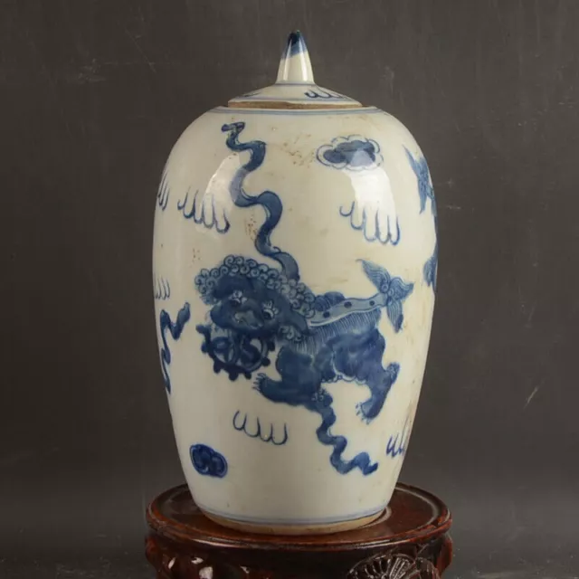 Chinese Qing Kangxi Blue and White Porcelain Pot Lion Pattern Tea Caddy 8.66"