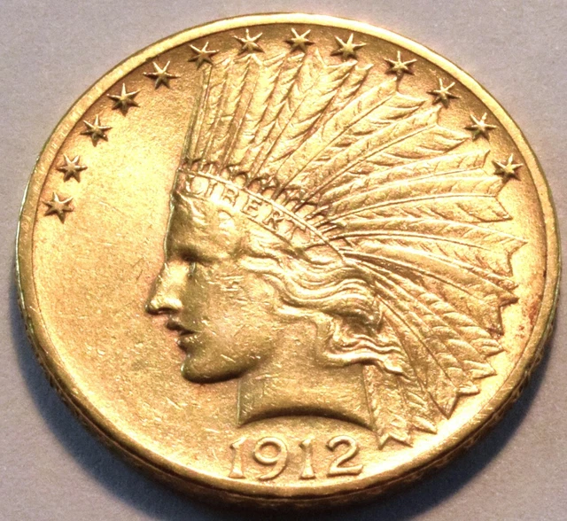 1912 $10 Gold Indian Eagle, High Grade, Better Type Coin, Ten Dollar Sharp Look