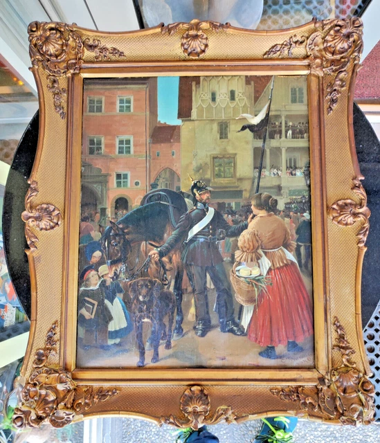 422 Ölgemälde Militär Pickelhaube Aufmarsch am Stadtplatz C. Theman Karl Themann