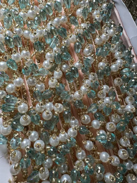 1 Yard Mint Green & white Beaded Crystal Lace Trim Chain Bridal  Belt, Lace