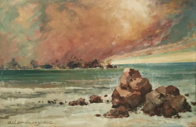 Quadro Mare Marina al Tramonto Antico Dipinto Acquerello firmato Lendvay 1950