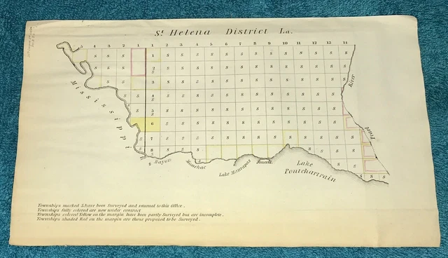 Original Antique 1837 ST. HELENA,  LOUISIANA DISTRICT MAP, Very Scarce