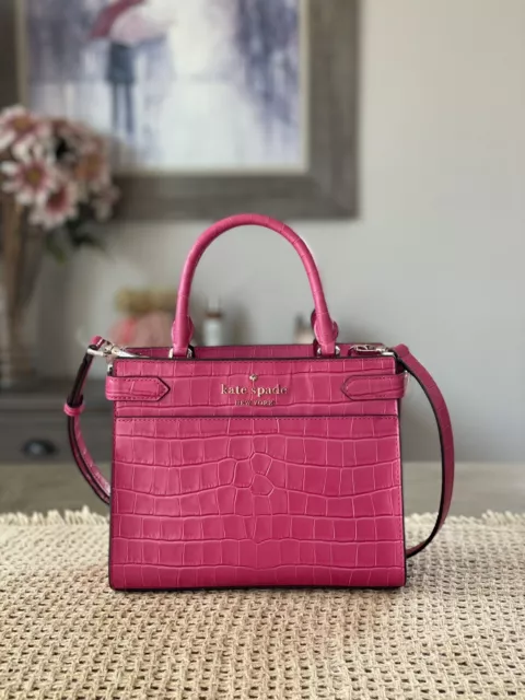 Kate Spade Staci Small Croc Embossed Leather Satchel Crossbody In Festive Pink