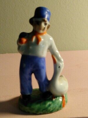 Vintage Porcelain Figurine Boy With Duck 4"tall Made In Japan around Mid 1930's