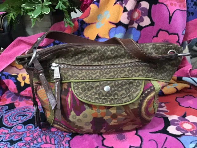 Fossil Cotton Canvas Shoulder Bag Purse - Purples, Green, & Brown Fossil Cotton Canvas Shoulder Bag Purse - Purples, Green, & Brown
