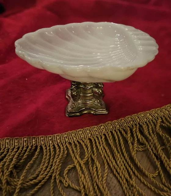 Vintage White Milk Glass  Silver Metal Shell Pedestal  Soap/Trinket Dish Mcm