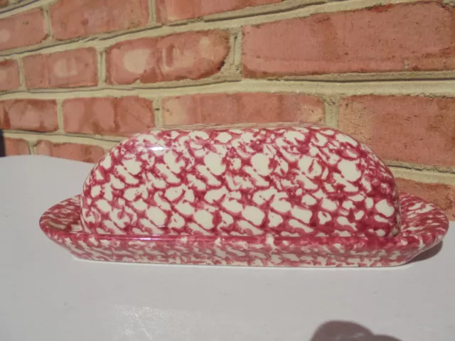 Gerald Henn Workshops Red Spongeware Covered Butter Dish Excellent