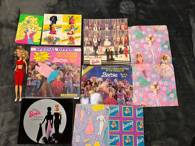 Lot of Vintage 1990’s Barbie Items 5 Calendars, Cut Out, 4 Gift Wraps, + Barbie