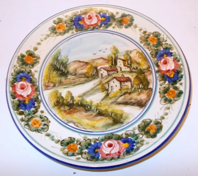Vtg DERUTA ITALY MAJOLICA  WALL Ptd ART Plate Country Italian Landscape Flowers