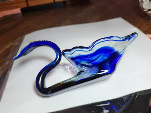 Vintage Hand Blown Swirl Art Glass Cobalt Blue Swan Bowl Murano Style