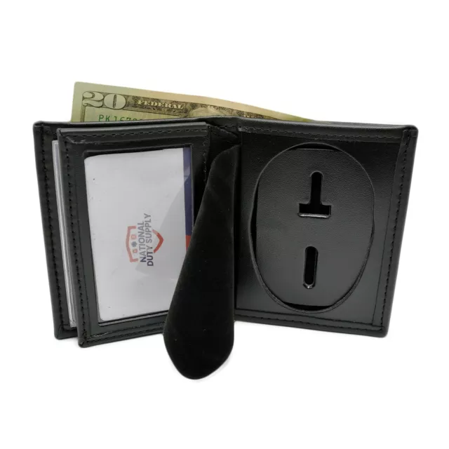 Perfect Fit Badge Wallet Universal Oval Cutout Bifold Black Leather Police