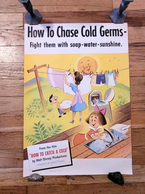 Vintage 1951 Disney Kleenex How To Catch A Cold Poster Fight them with Sunshine