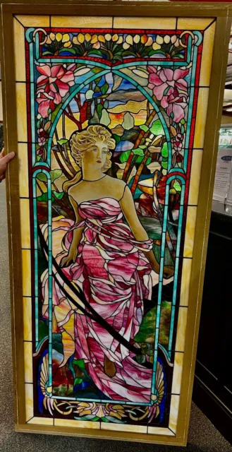 In the style of Alphonse Mucha Victorian maiden  stained glass window