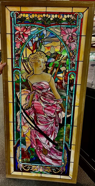 In the style of Alphonse Mucha Victorian maiden  stained glass window