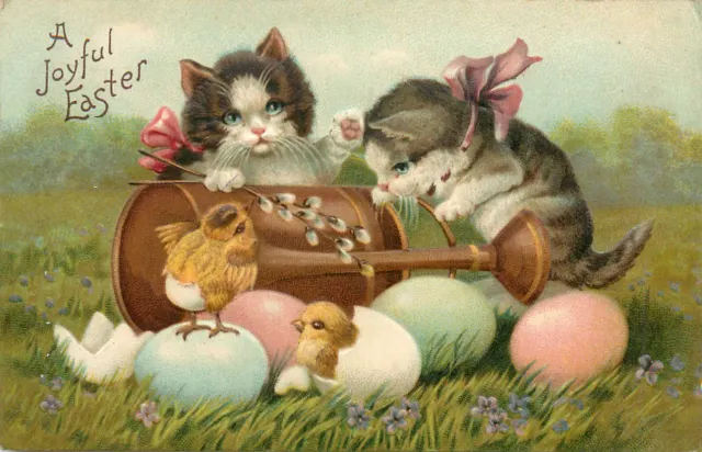 A Joyful Easter Postcard 216 Kittens with Pussywillows, Chicks & Eggs Embossed