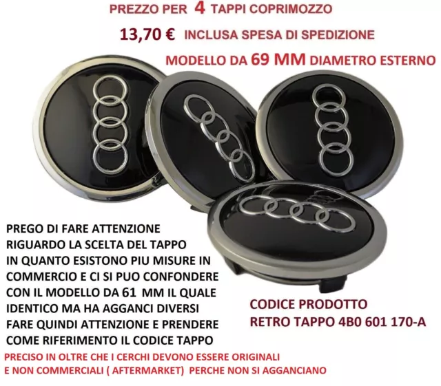 4 Tappi Coprimozzo 69 Mm Audi 4 Borchie Cerchi Lega A3 A4 A5 A6 A8 Tt Rs4 Q5 Q7