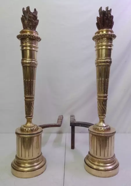 Pair of Gorgeous Brass Torch Fire Flame Top Andirons Greek Style 24" Tall Heavy