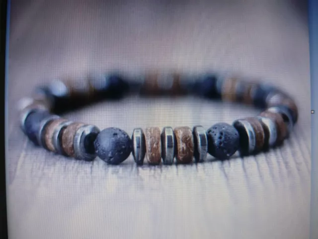 Bracelet de perles pierre de Lave, Hématite et Bois Sur mesure pour Homme, Femme