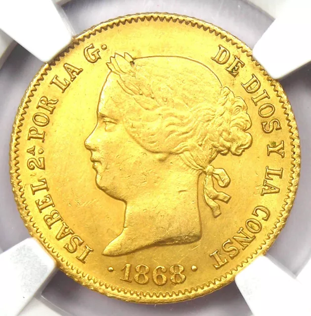 1868 Spain Philippines Gold 4 Pesos G4P Coin - NGC Uncirculated Detail (UNC MS)